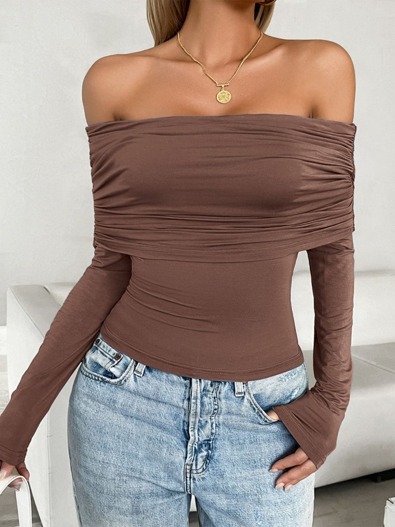 Jessica Ruched Off-Shoulder Long Sleeve T-Shirt