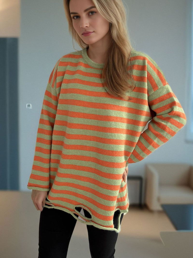 Luna Distressed Striped Round Neck Long Sleeve Sweater