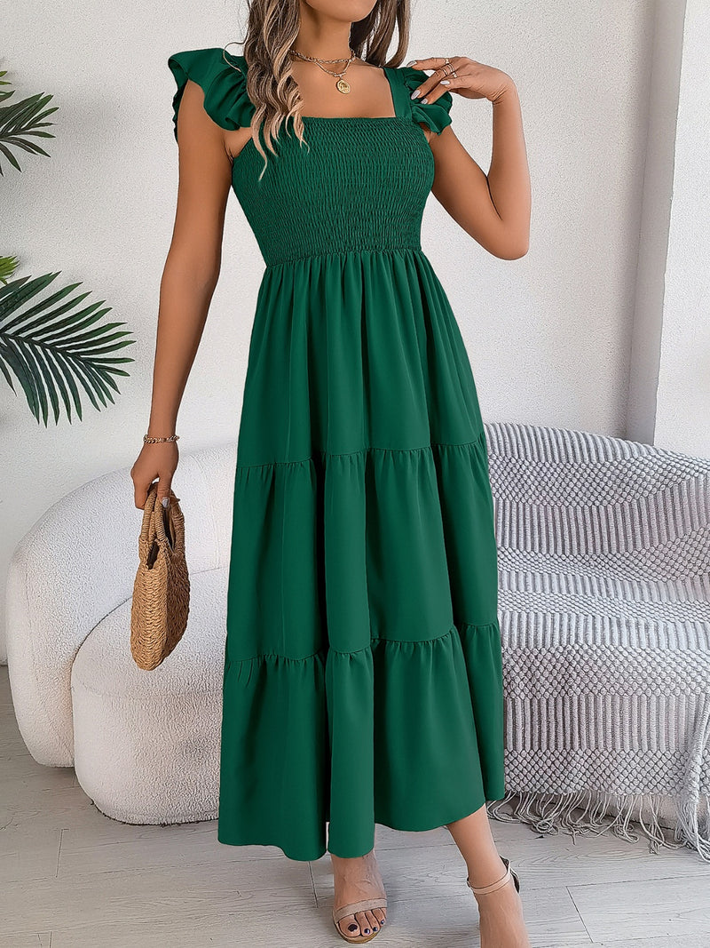 Perry Smocked Square Neck Cap Sleeve Midi Dress