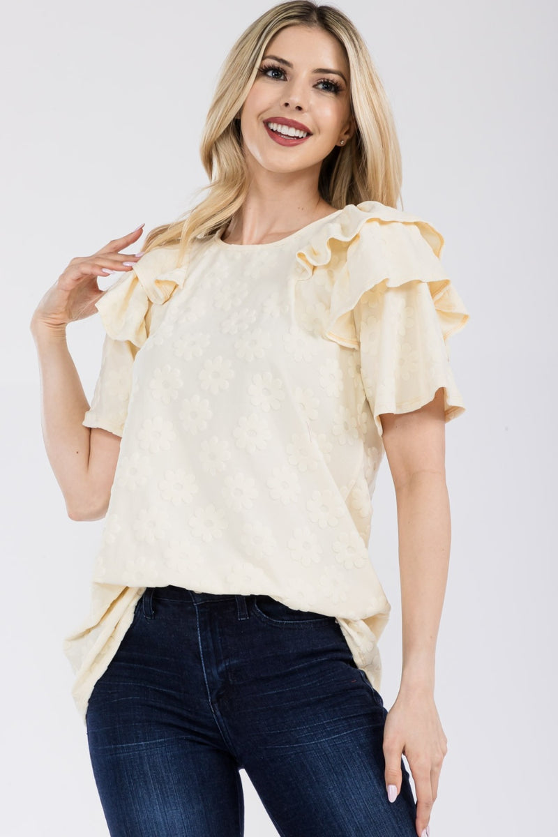 Tatum Full Size Ruffle Layered Short Sleeve Daisy Floral Top