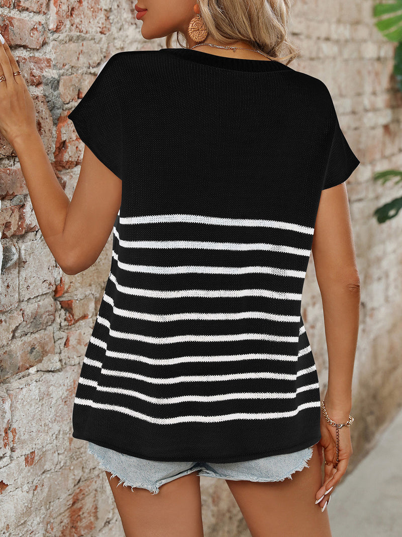 Donia Striped Round Neck Short Sleeve Knit Top