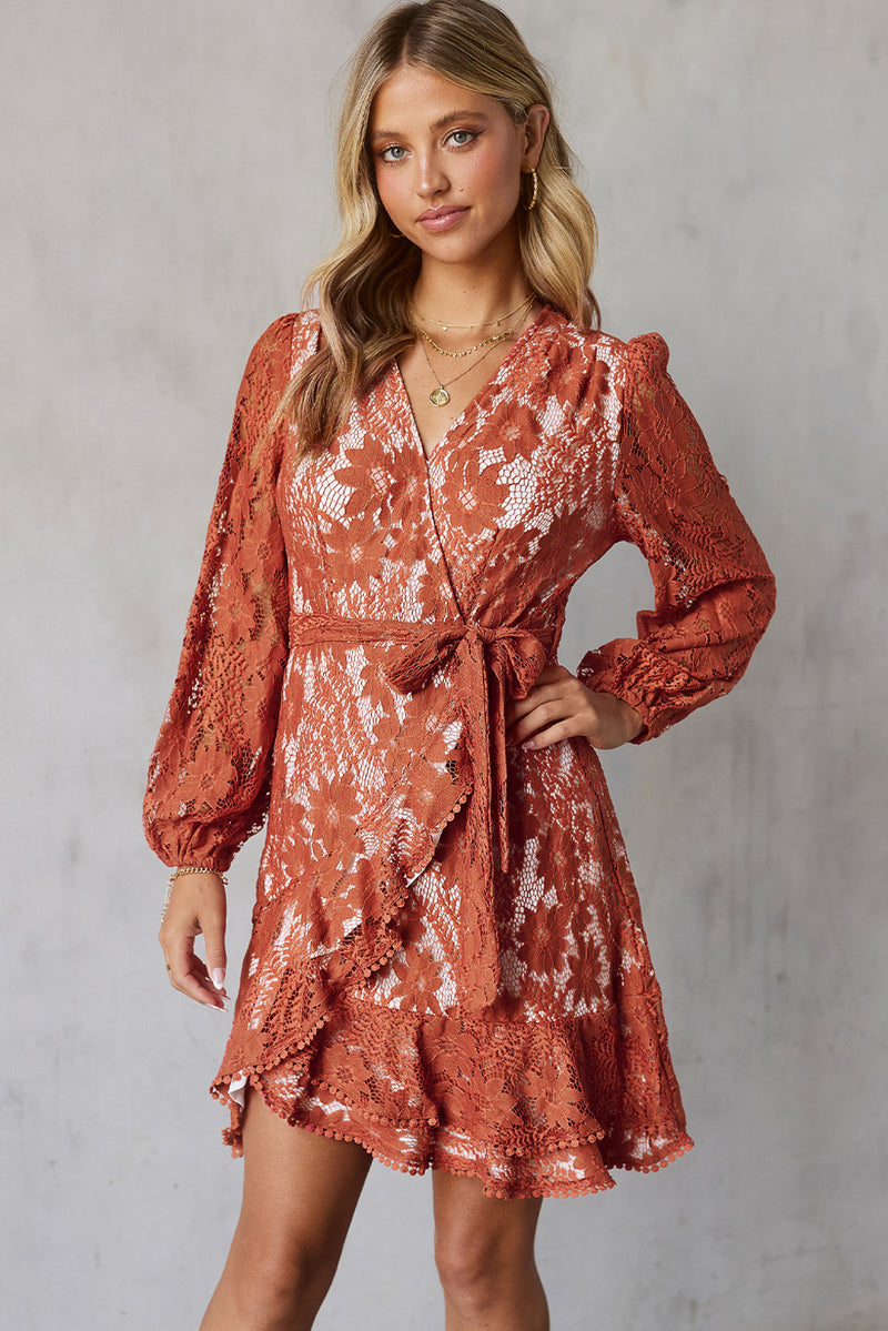 Valentina Pompom Trim Puff Sleeve Belted Lace Dress