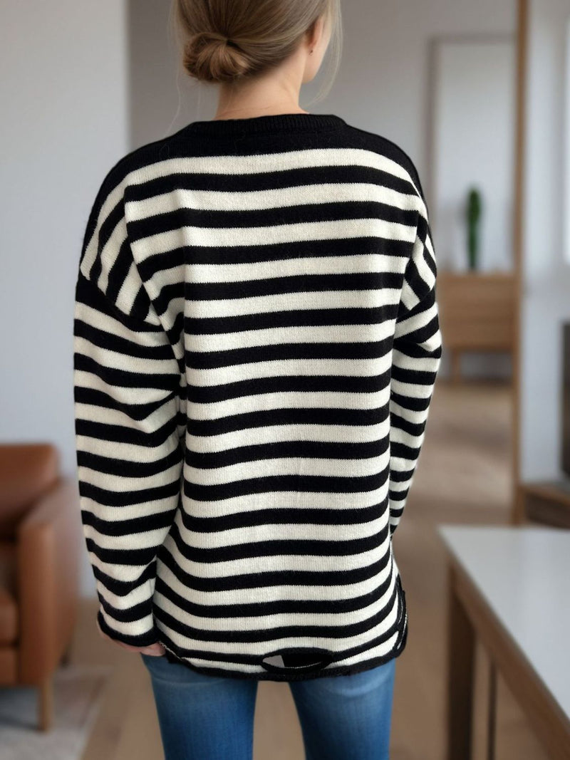 Luna Distressed Striped Round Neck Long Sleeve Sweater