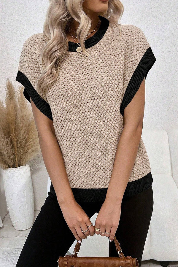 Diana Contrast Round Neck Cap Sleeve Knit Top