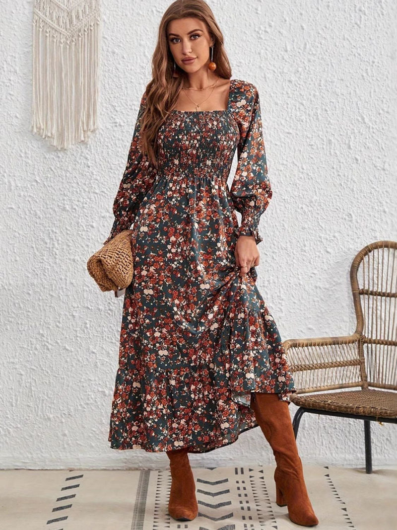 Cecilia Smocked Floral Square Neck Long Sleeve Dress