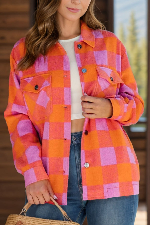 Hilary Color Block Plaid Button Up Long Sleeve Jacket