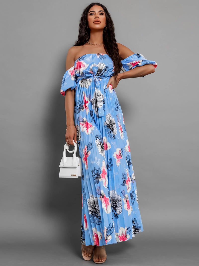 Dayna Pleated Floral Off-Shoulder Short Sleeve Midi Dress