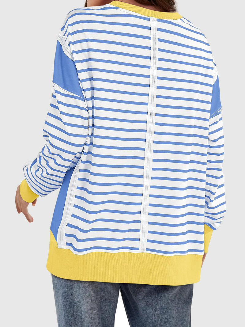 Chalesa Slit Exposed Seam Striped Long Sleeve Sweatshirt