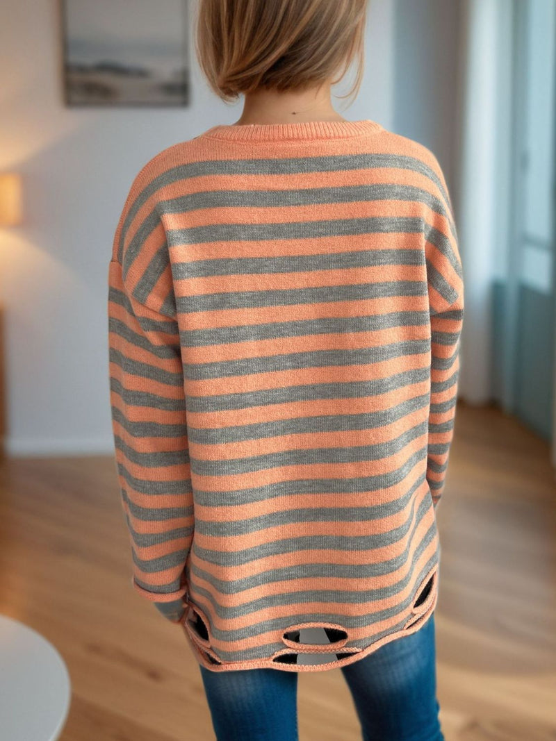 Luna Distressed Striped Round Neck Long Sleeve Sweater