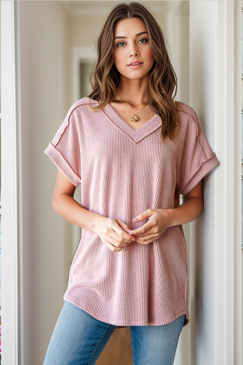 Alice Textured V-Neck Short Sleeve Top