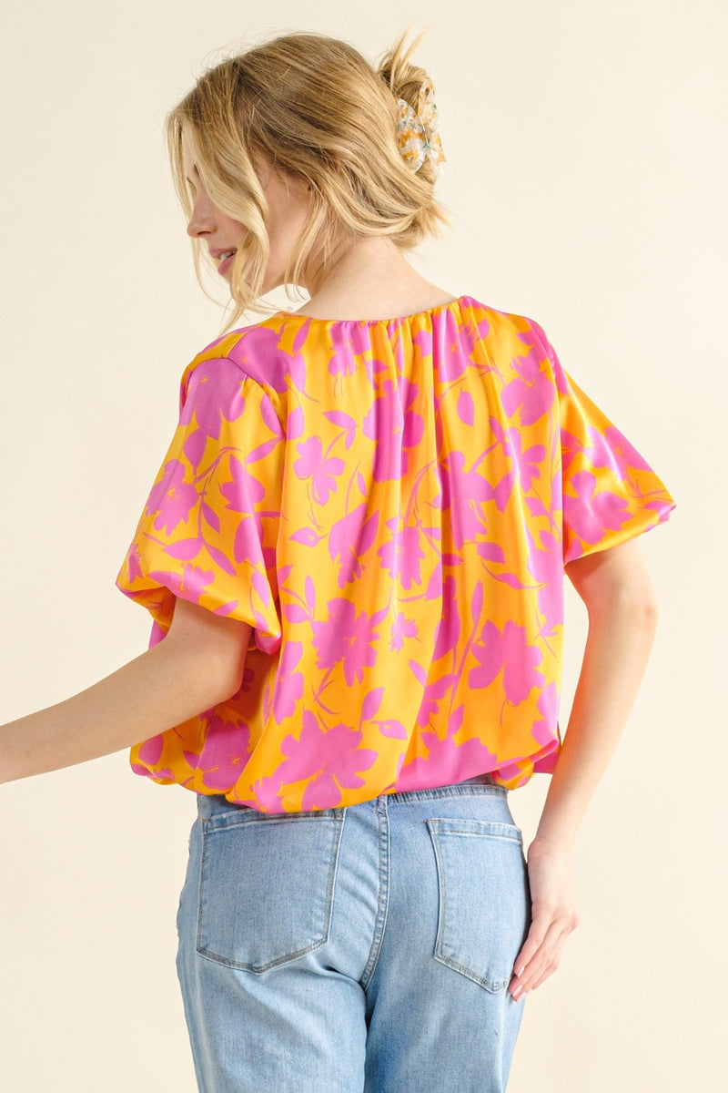 Tiller Full Size Printed Satin Bubble Hem Top