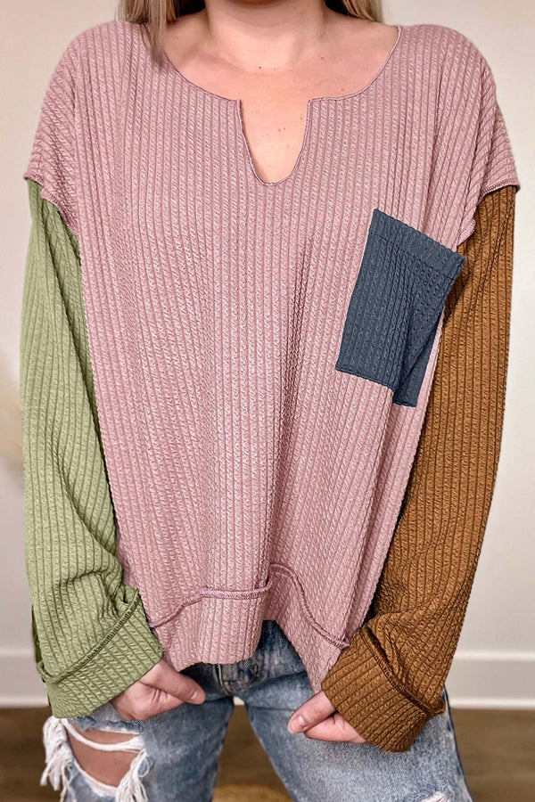 Amber Color Block Textured Notched Long Sleeve Top