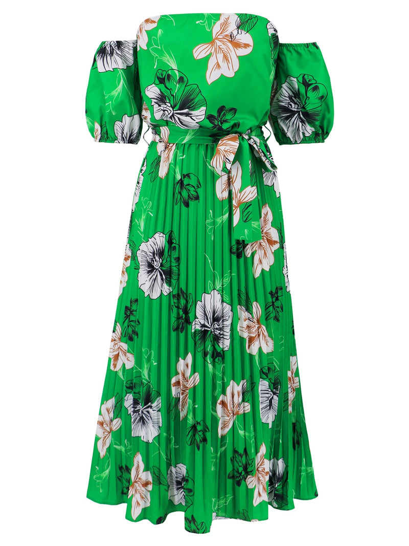 Dayna Pleated Floral Off-Shoulder Short Sleeve Midi Dress