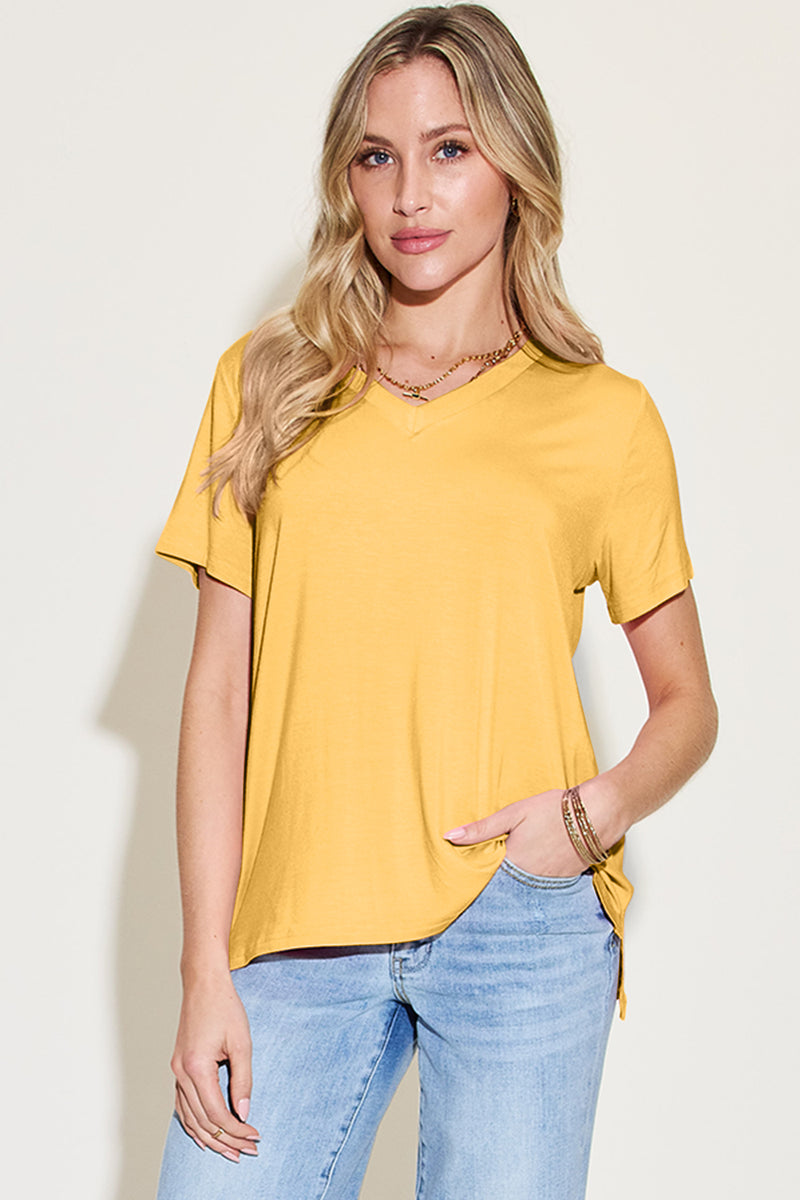 Olivia Basic Bae Bamboo Full Size V-Neck High-Low T-Shirt