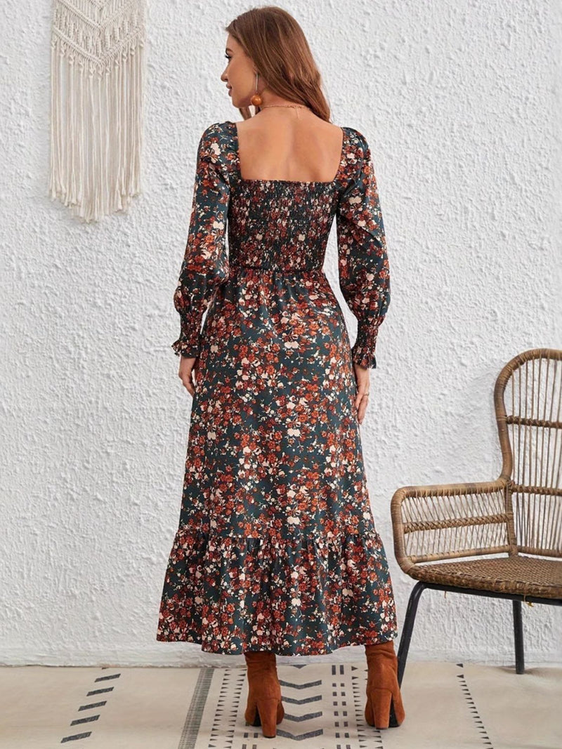 Cecilia Smocked Floral Square Neck Long Sleeve Dress