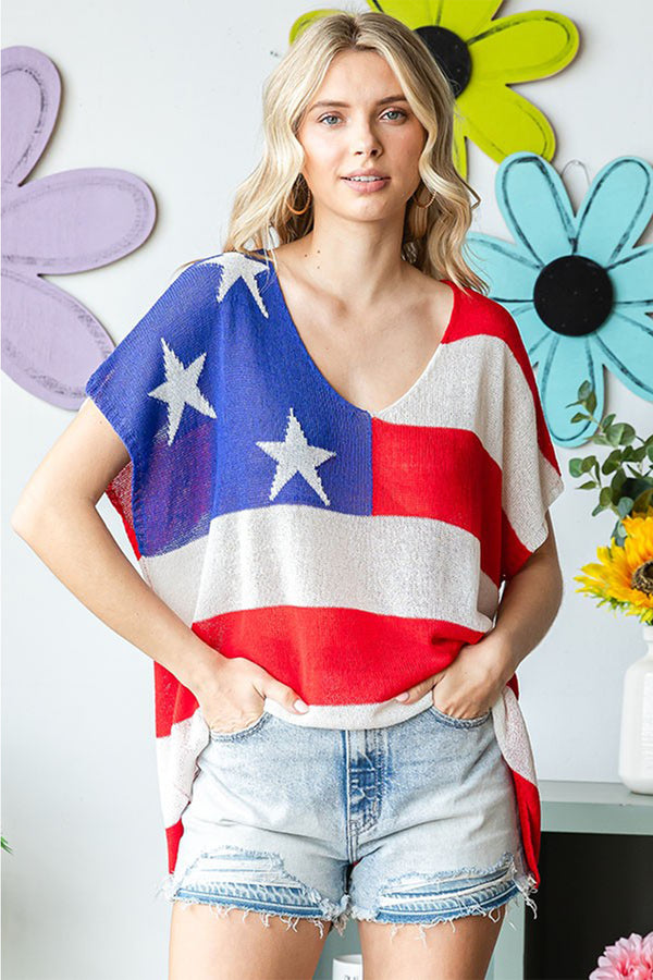 Cline Full Size USA Flag Drop Shoulder Knit Top