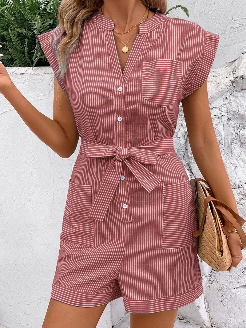 Alora Striped Notched Tie Waist Romper