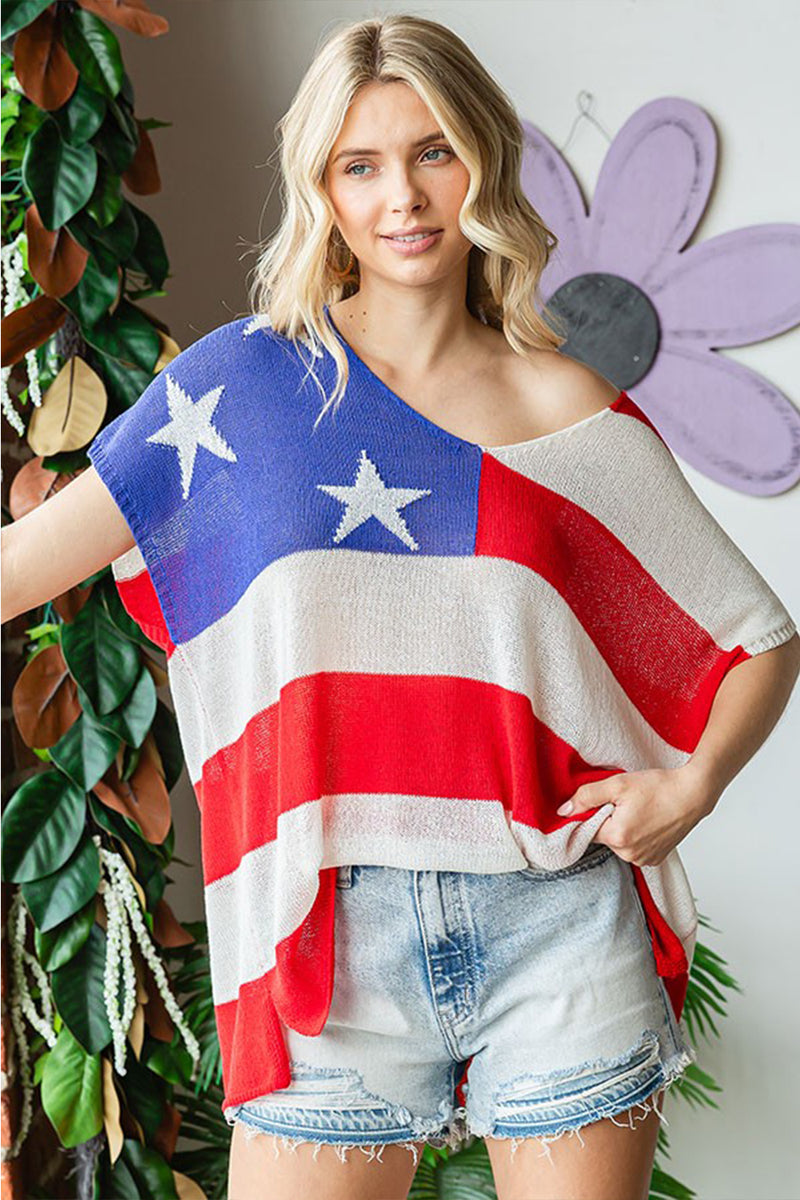 Cline Full Size USA Flag Drop Shoulder Knit Top