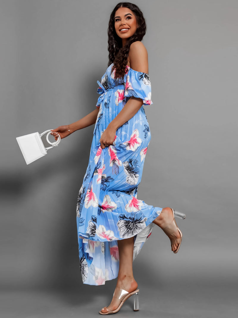 Dayna Pleated Floral Off-Shoulder Short Sleeve Midi Dress