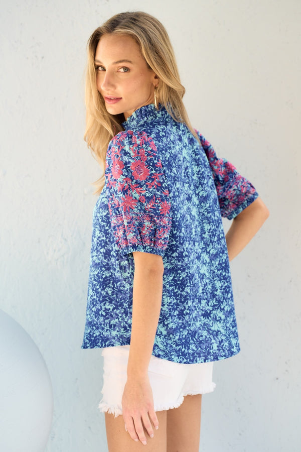 Jessica Embroidered Puff Sleeve Printed Blouse
