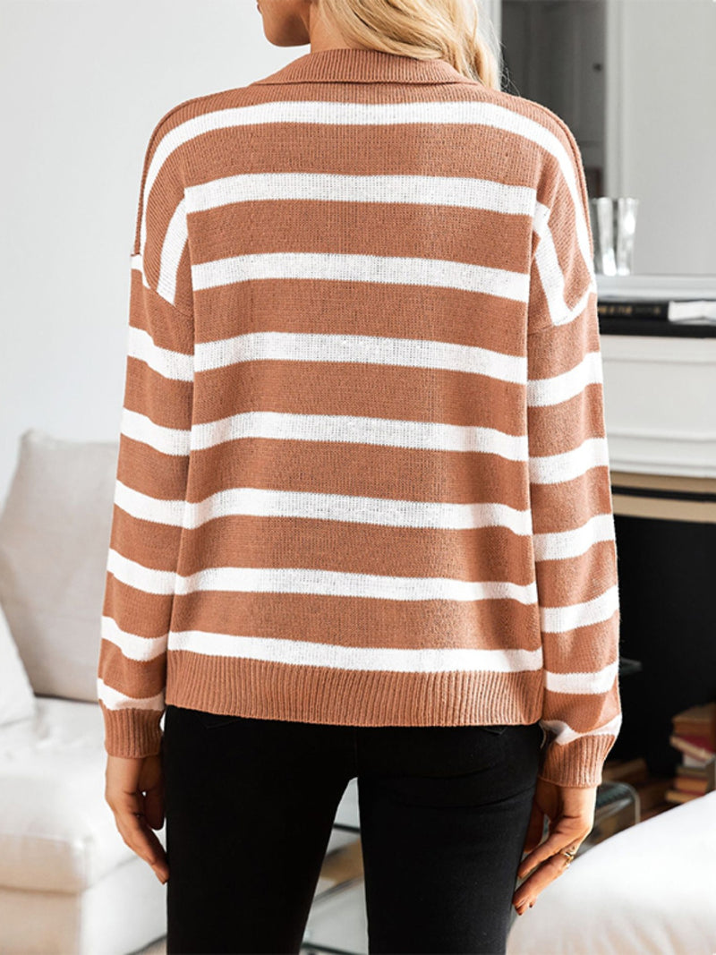 Whitley Striped Johnny Collar Long Sleeve Sweater