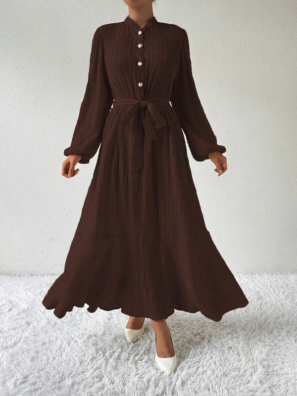 Thea Half Button Tie Waist Long Sleeve Maxi Dress