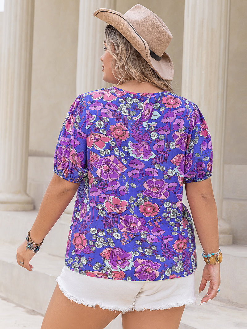 Hanna Plus Size Printed Notched Short Sleeve Blouse