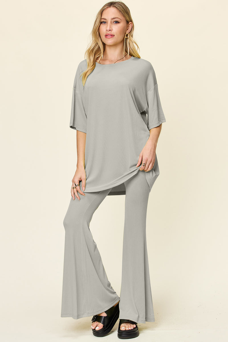 Ames Full Size Round Neck Drop Shoulder T-Shirt and Flare Pants Set