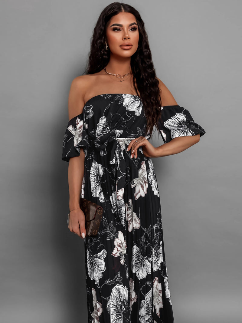 Dayna Pleated Floral Off-Shoulder Short Sleeve Midi Dress