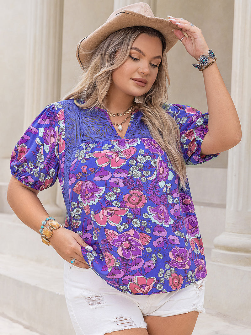 Hanna Plus Size Printed Notched Short Sleeve Blouse