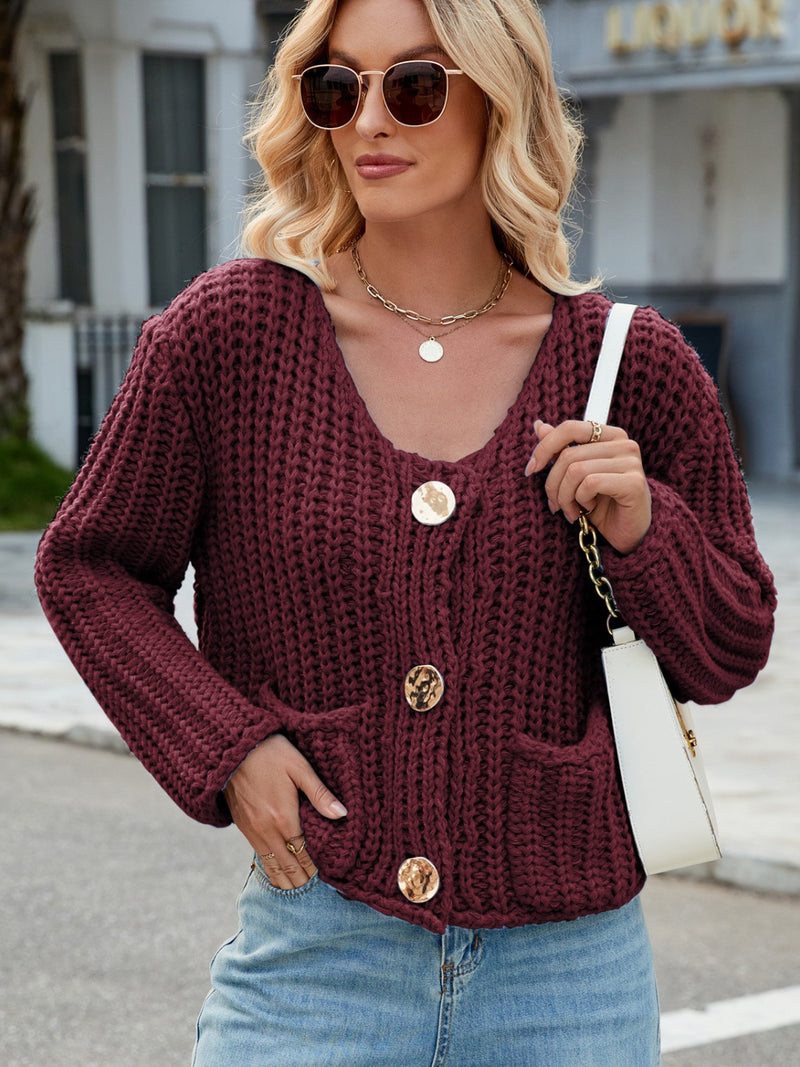 Katie Round Neck Button Up Cardigan with Pockets