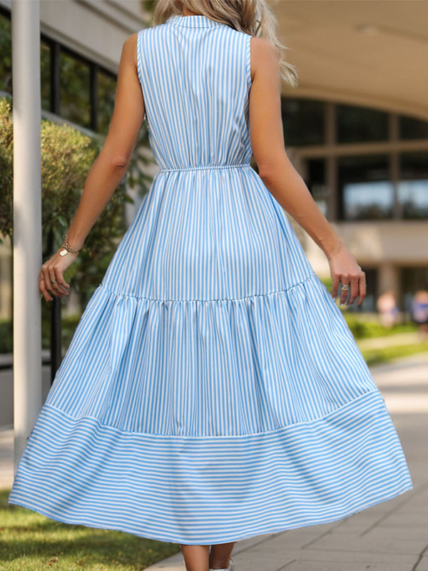 Romeo Striped Notched Sleeveless Midi Dress