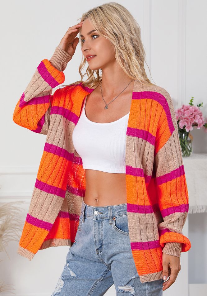 Mary Contrast Striped Drop Shoulder Open Front Cardigan