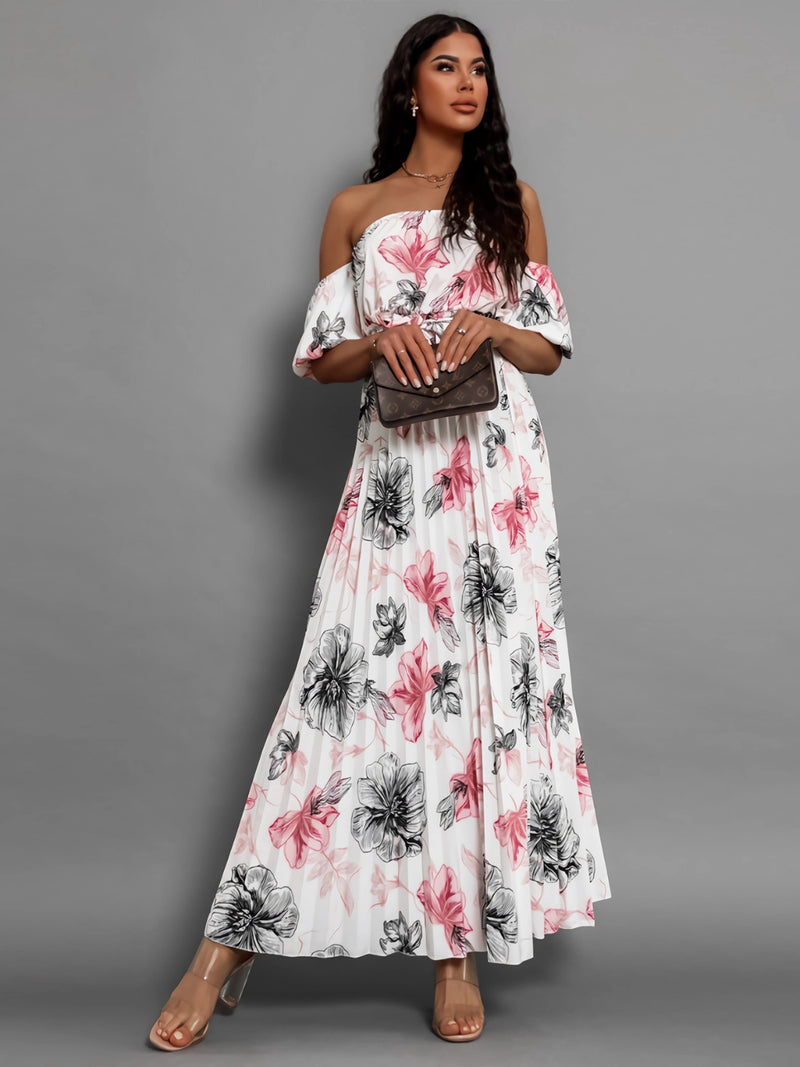 Dayna Pleated Floral Off-Shoulder Short Sleeve Midi Dress