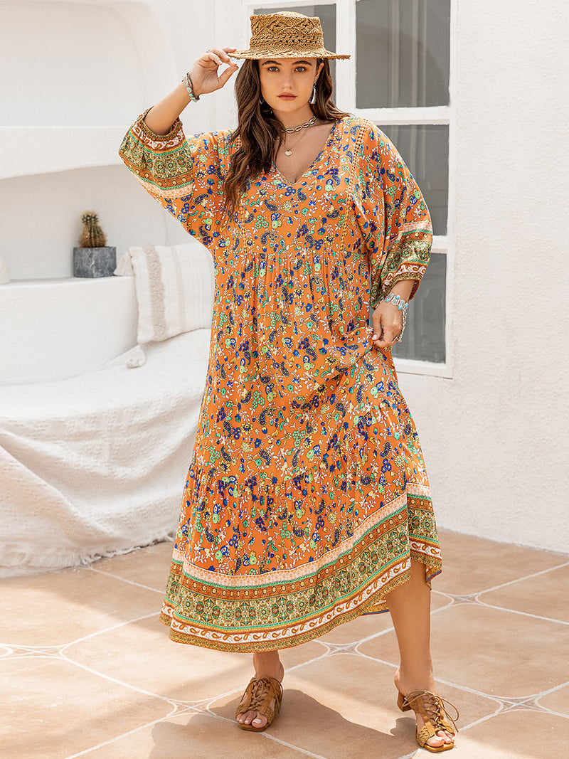 Heather Plus Size Floral V-Neck Balloon Sleeve Midi Dress