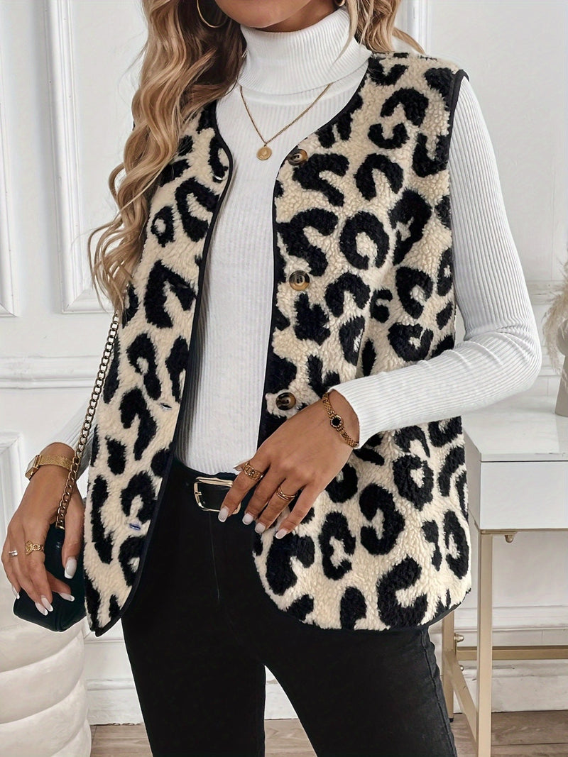 Raleigh Leopard Button Up Sherpa Vest