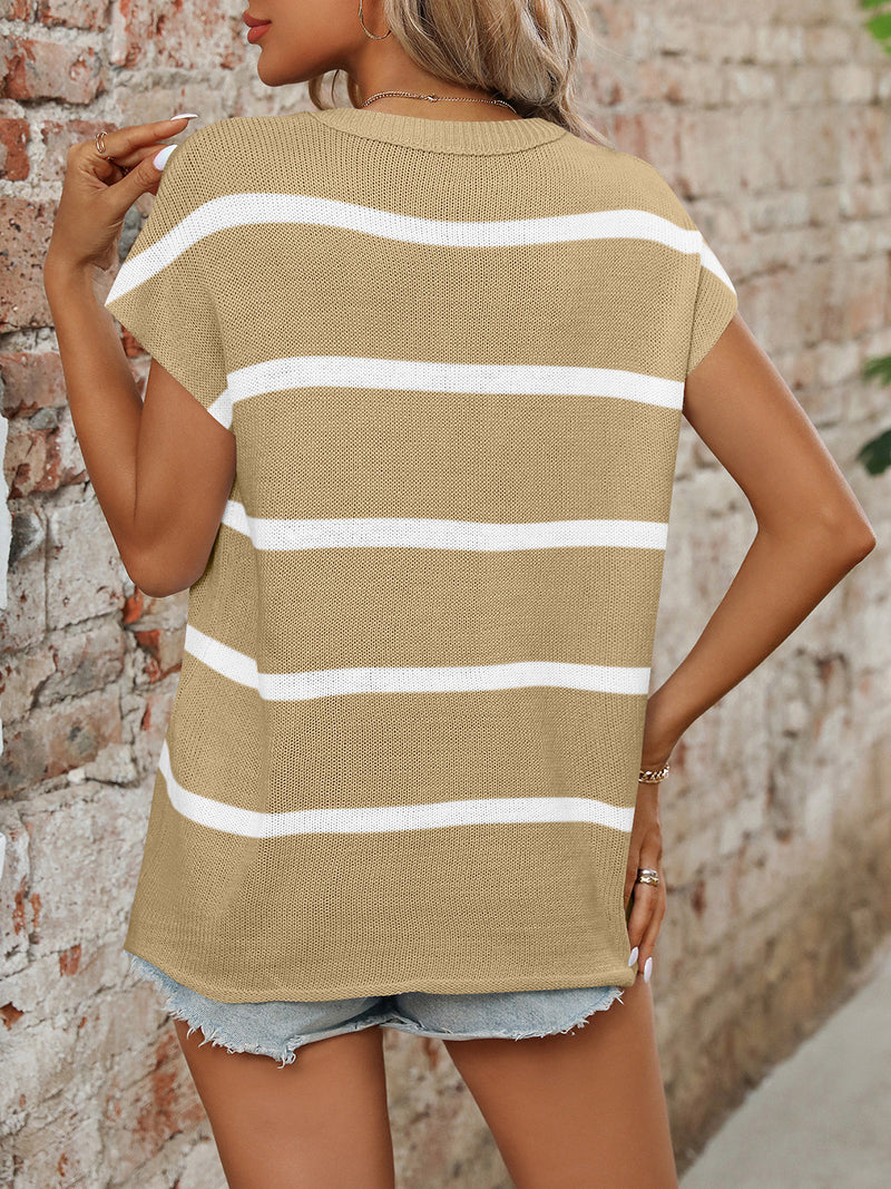 Vanna Striped Round Neck Short Sleeve Knit Top