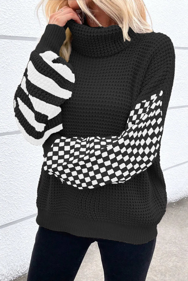 Tatum Checkered Striped Turtleneck Long Sleeve Sweater