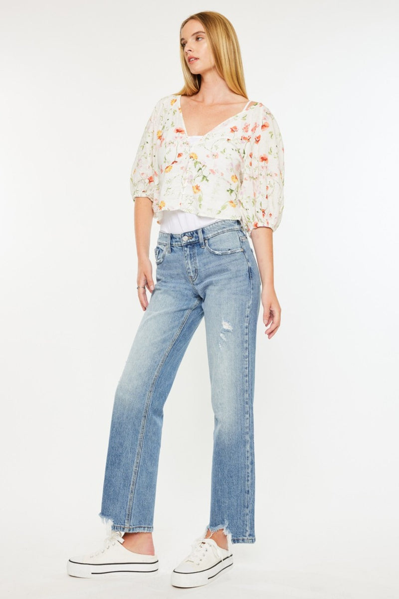 Beatrice Kancan Mid Rise Frayed Hem Straight Jeans