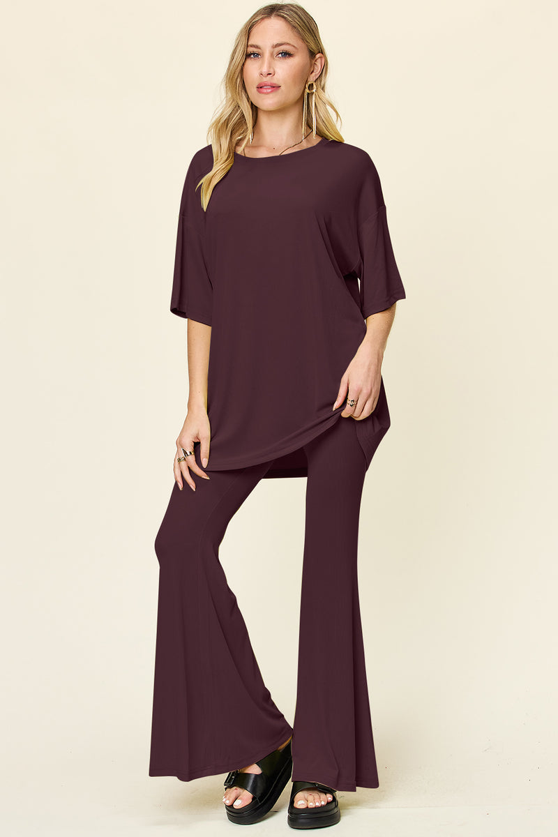 Ames Full Size Round Neck Drop Shoulder T-Shirt and Flare Pants Set