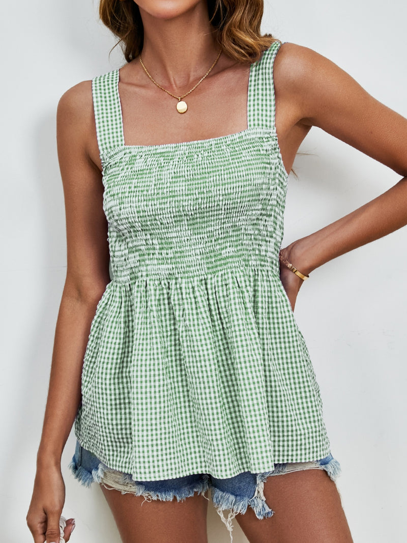 Summer Smocked Plaid Square Neck Tank