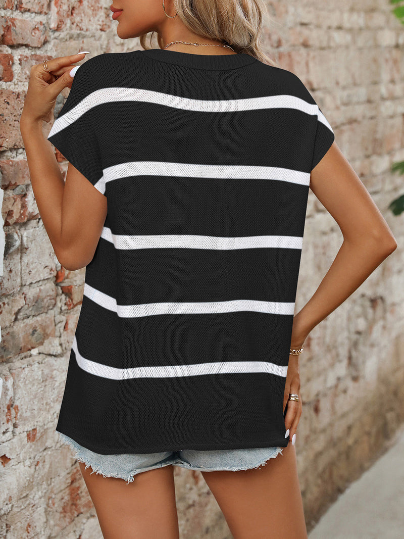 Vanna Striped Round Neck Short Sleeve Knit Top