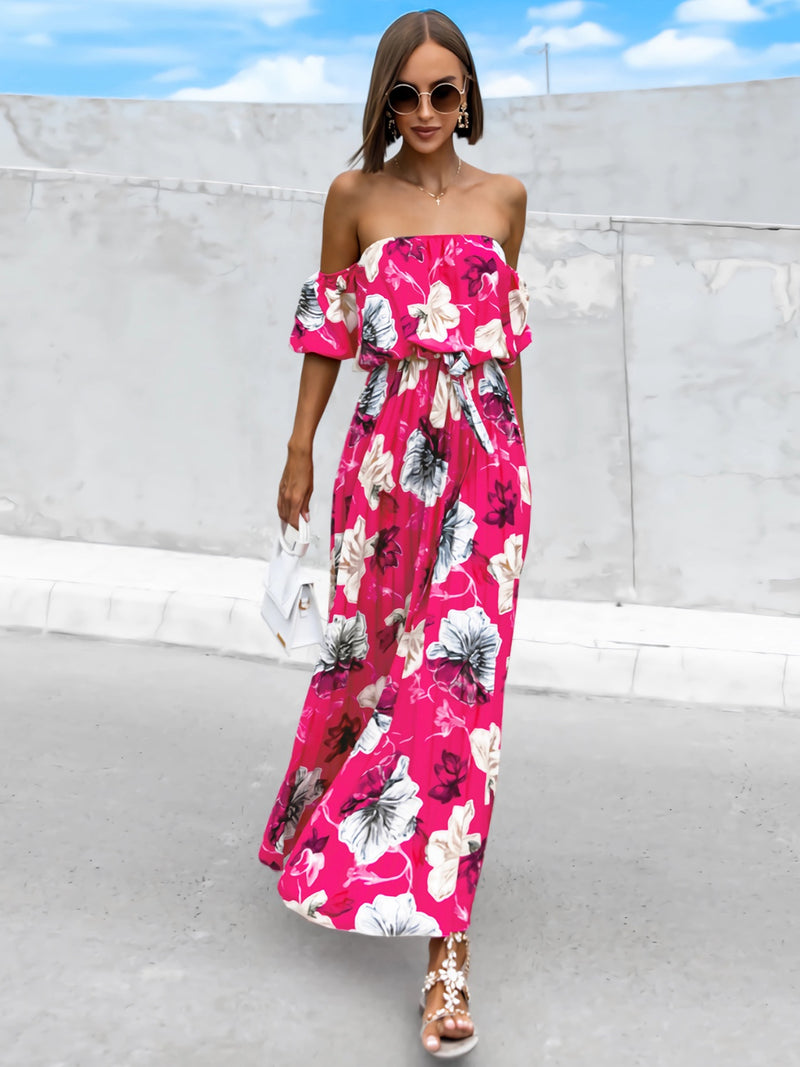 Dayna Pleated Floral Off-Shoulder Short Sleeve Midi Dress