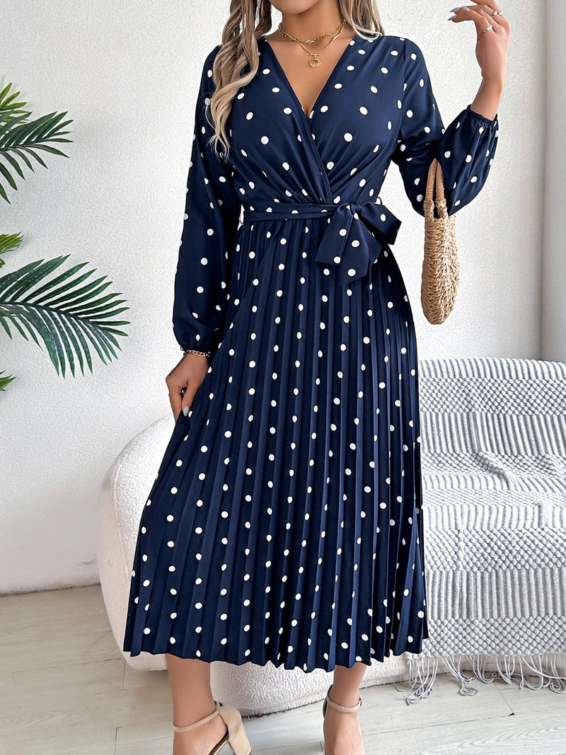 Carrie Tied Polka Dot Long Sleeve Midi Dress