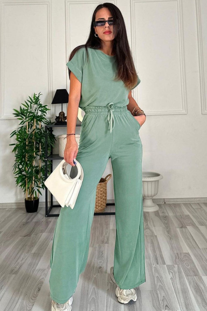 Bennie Round Neck Short Sleeve Top and Drawstring Pants Set