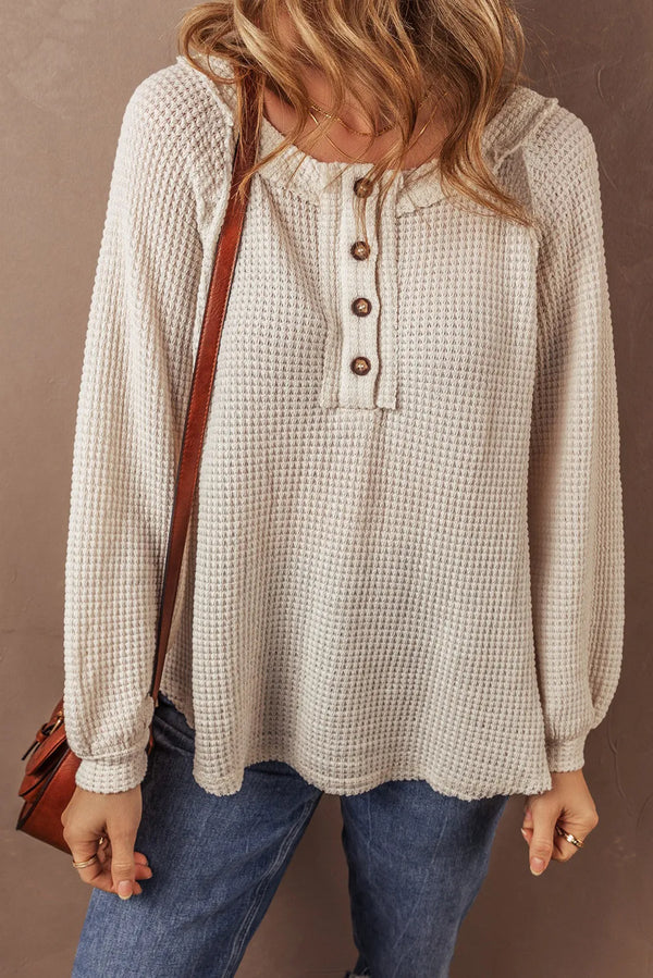 Quinn Waffle-Knit Half Button Round Neck Long Sleeve Top