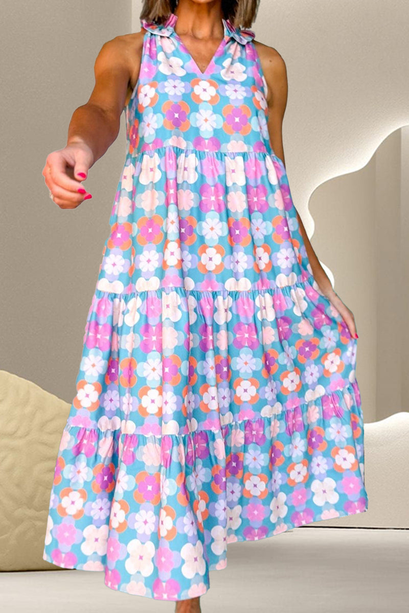 Lacey Frill Printed Notched Sleeveless Dress