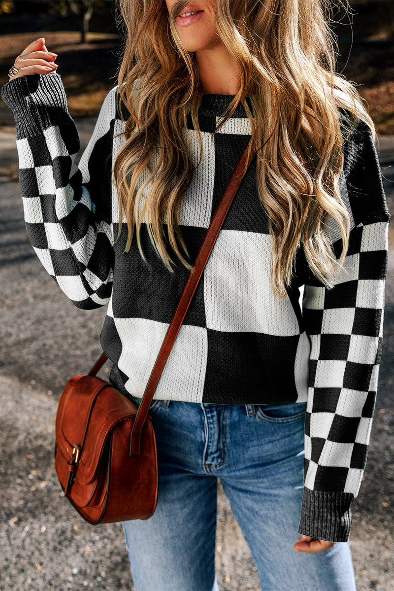 Amber Checkered Round Neck Drop Shoulder Sweater