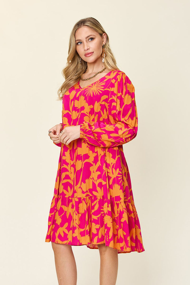 Journee Full Size Printed Ruffle Hem Long Sleeve Dress