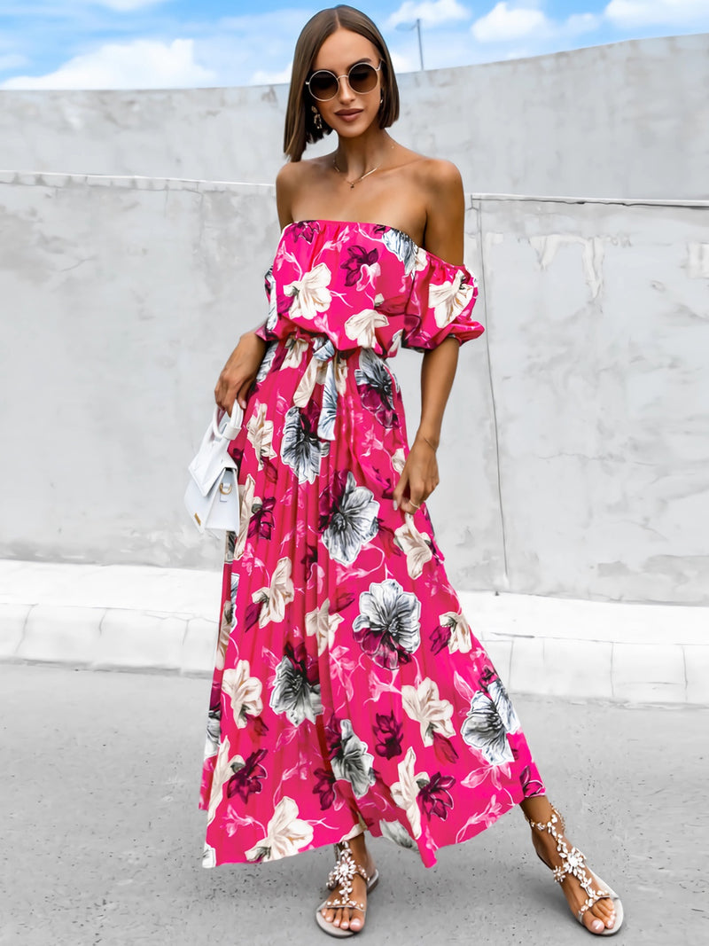 Dayna Pleated Floral Off-Shoulder Short Sleeve Midi Dress